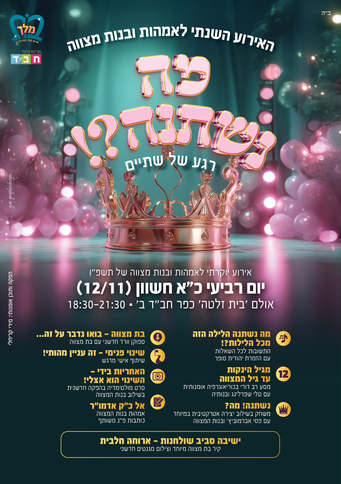 מודעת האירוע ״מה נשתנה?!״ — דינר בת מצווה לבנות בת מלך